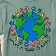 Close-up of the Reduce Reuse Recycle print on an island reef long-sleeve t-shirt