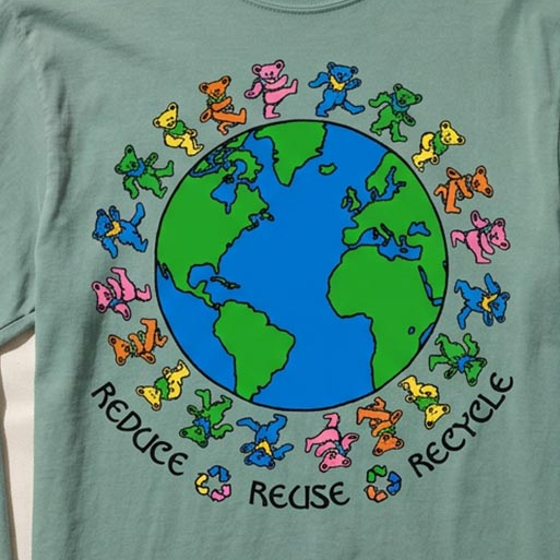 Close-up of the Reduce Reuse Recycle print on an island reef long-sleeve t-shirt