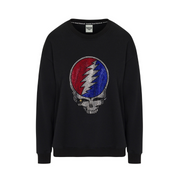 Grateful Dead relaxed black sweatshirt front view featuring rhinestone Steal Your Face logo