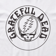 Close-up of the Steal Your Face Circle print on a white t-shirt