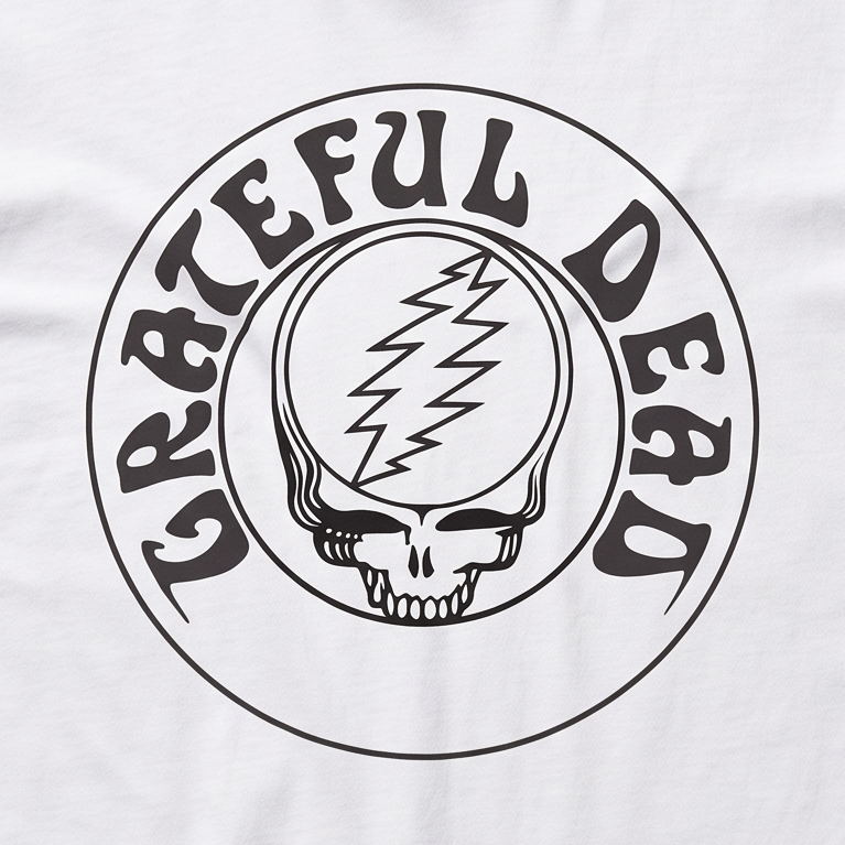 Close-up of the Steal Your Face Circle print on a white t-shirt