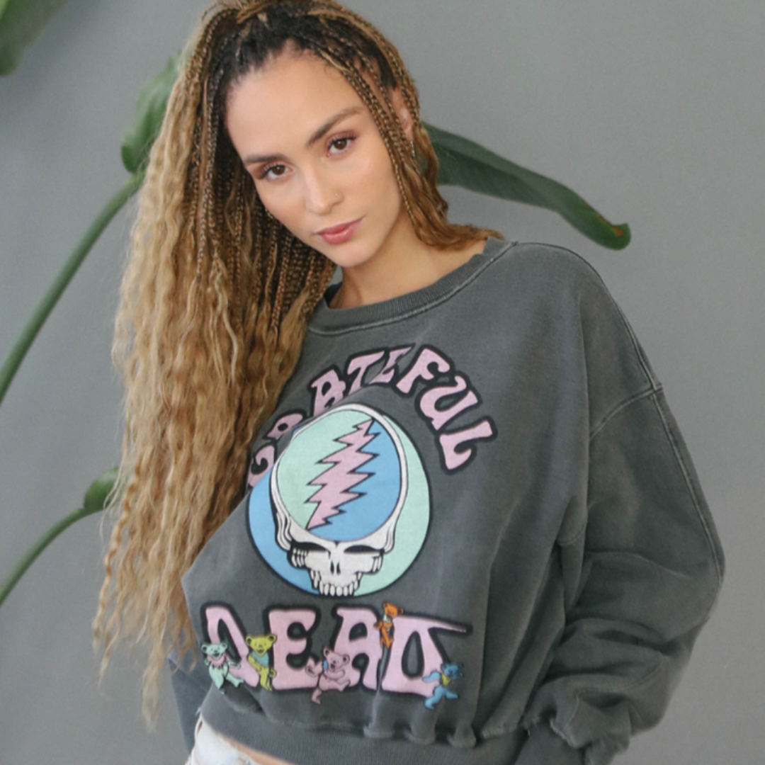 Grateful Dead sweatshirt front view featuring Steal Your Face logo surrounded by colorful Dancing Bears