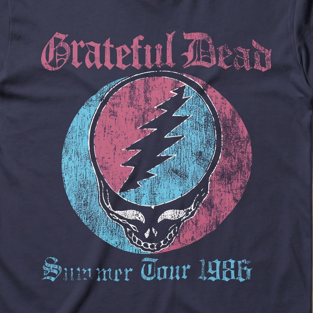 Close-up of the Summer Tour 1986 print on a navy t-shirt