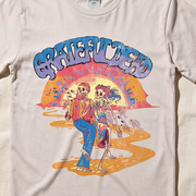 Close-up of the Sunset Stroll print on an ivory t-shirt