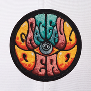 Close-up of the Drew Millward Trucker Hat design on a hat