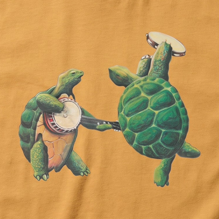 Close-up of the Turtle Duet print on a citrus t-shirt