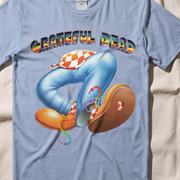 Close-up of the Copenhagen '72 print on a light blue t-shirt