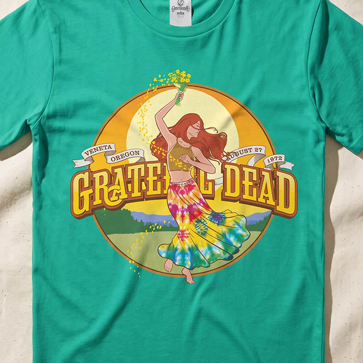 Close-up of the Veneta, Oregon 8/27/72 print on an island green t-shirt