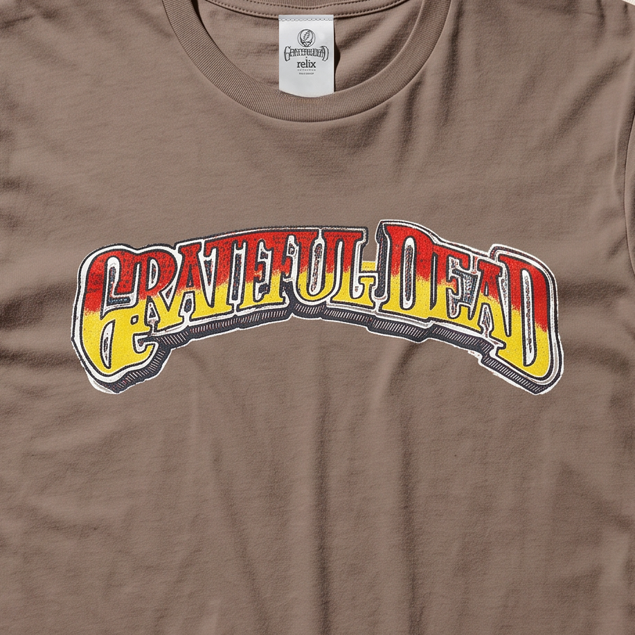 Close-up of the Vintage Wordmark print on an espresso t-shirt