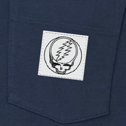 Close-up of the woven Stealie label on the pocket of a sea blue long-sleeve t-shirt