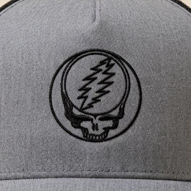 Close-up of the design on the Grateful Dead Embroidered Stealie Trucker Hat - Heather Black