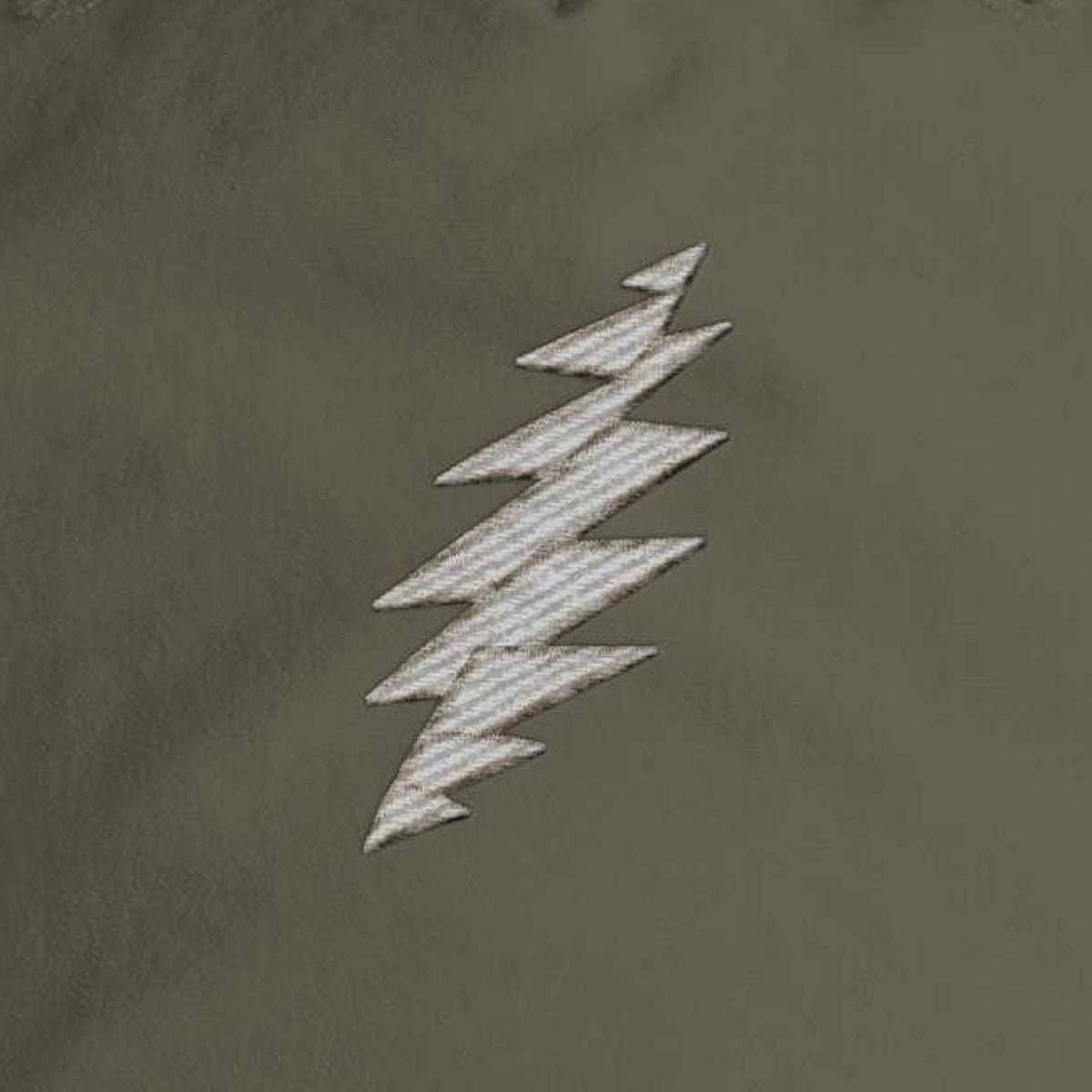 Close-up of the design on the Grateful Dead Embroidered Gray Bolt Surf Rope Cap - Army