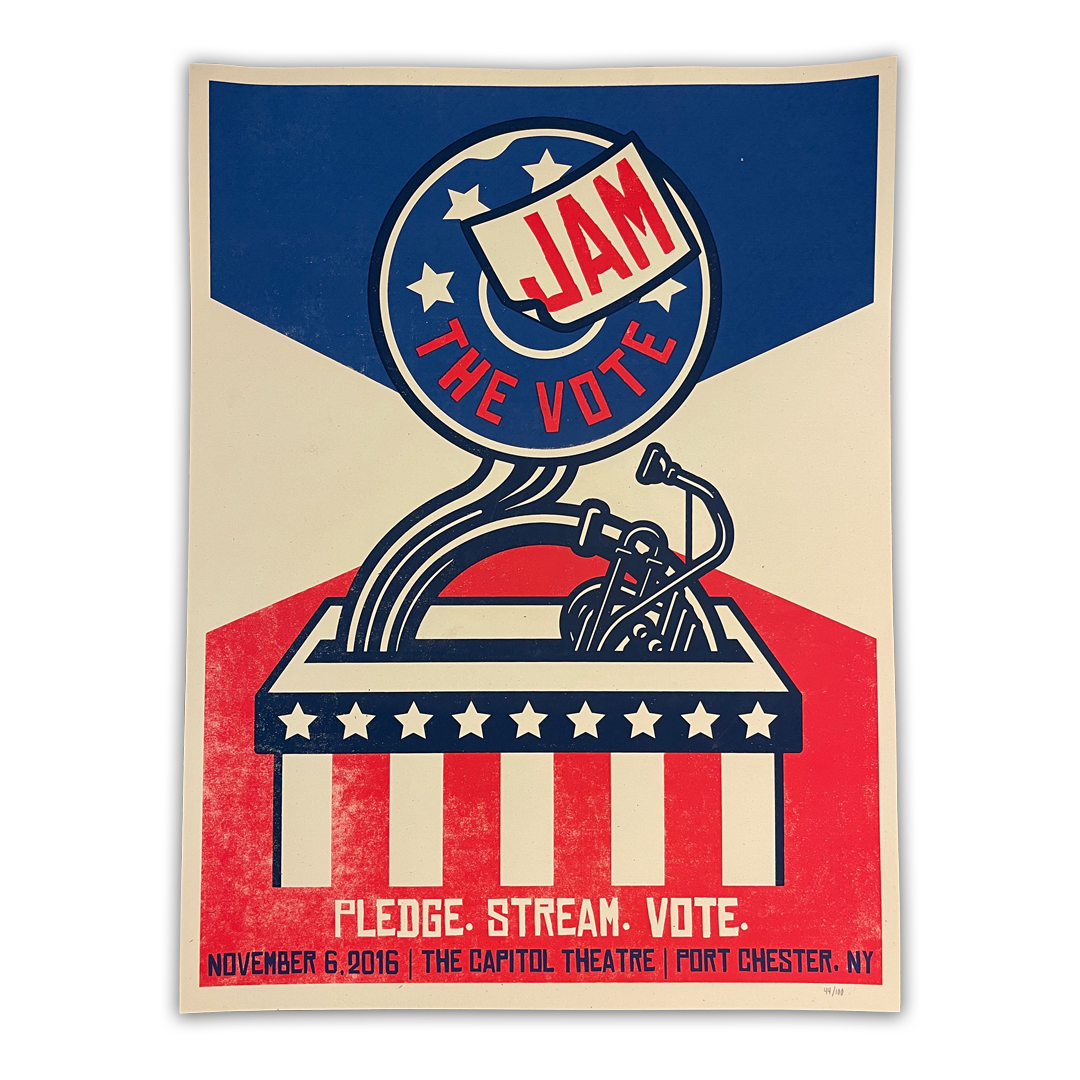 Jam The Vote 2016 poster featuring bold typography and colorful, patriotic-themed design elements