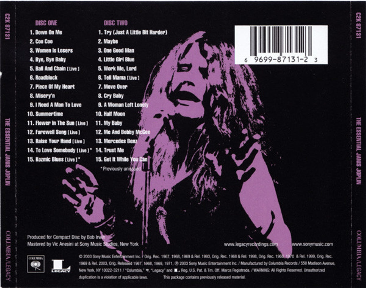Janis Joplin – Essential Janis Joplin (2-CD) – Back Cover – Relix – 1274x1000px