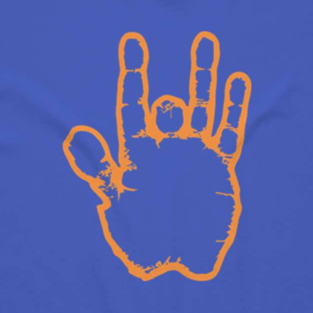 Close-up of the Blue & Orange Hand print on a royal heavyweight t-shirt