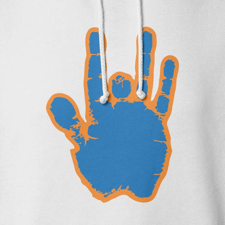 Close-up of the Blue & Orange Hand print on a white hoodie