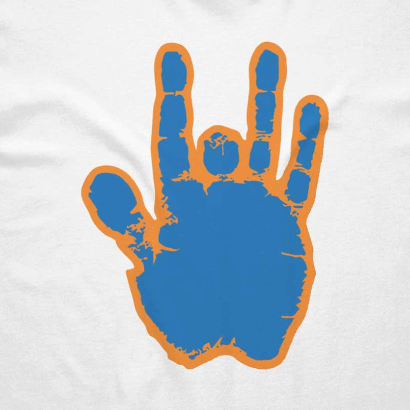 Close-up of the Blue & Orange Hand print on a white t-shirt