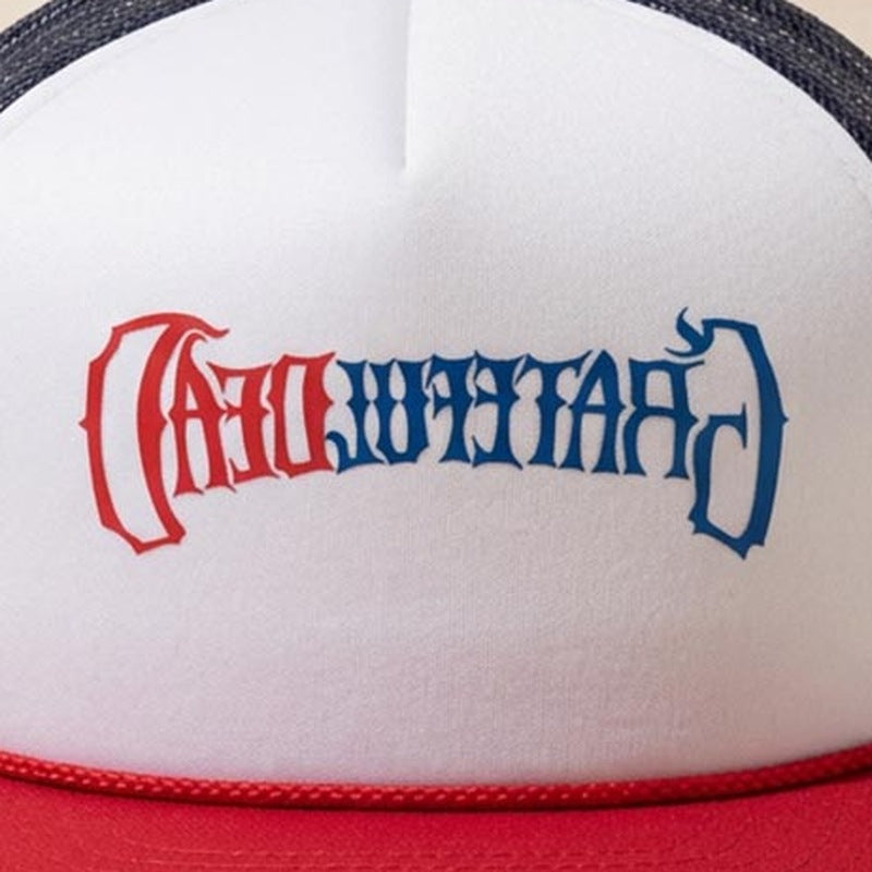 Close-up of the design on the Grateful Dead Reversed Foam Trucker Hat - Red White and Blue