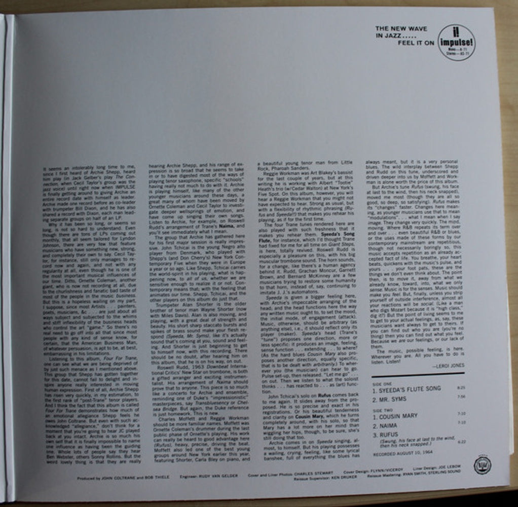 Label Disc: Archie Shepp – Four For Trane (Verve Vault Series, 180 Gram LP Vinyl) Vinyl LP | Relix
