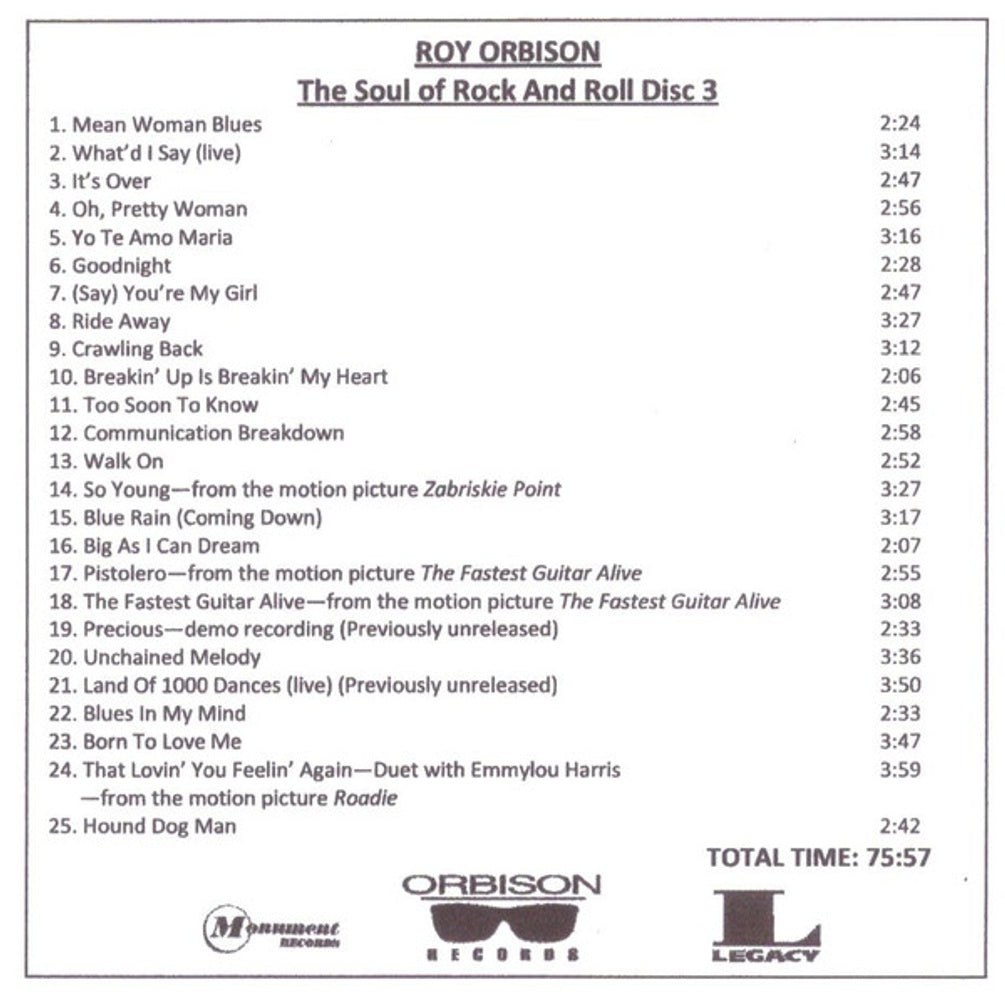 Label Disc: Roy Orbison – The Soul Of Rock and Roll CD | Relix
