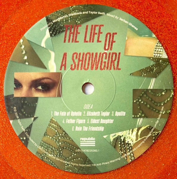 Label Disc: Taylor Swift – The Life of a Showgirl (Sweat and Vanilla Perfume Portofino Orange Glitter LP Vinyl) Vinyl LP | Relix