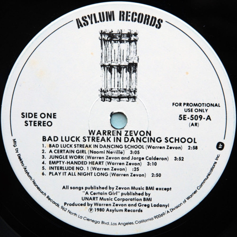 Label Disc: Zevon, Warren – Bad Luck Streak in Dancing School Vinyl LP | Relix