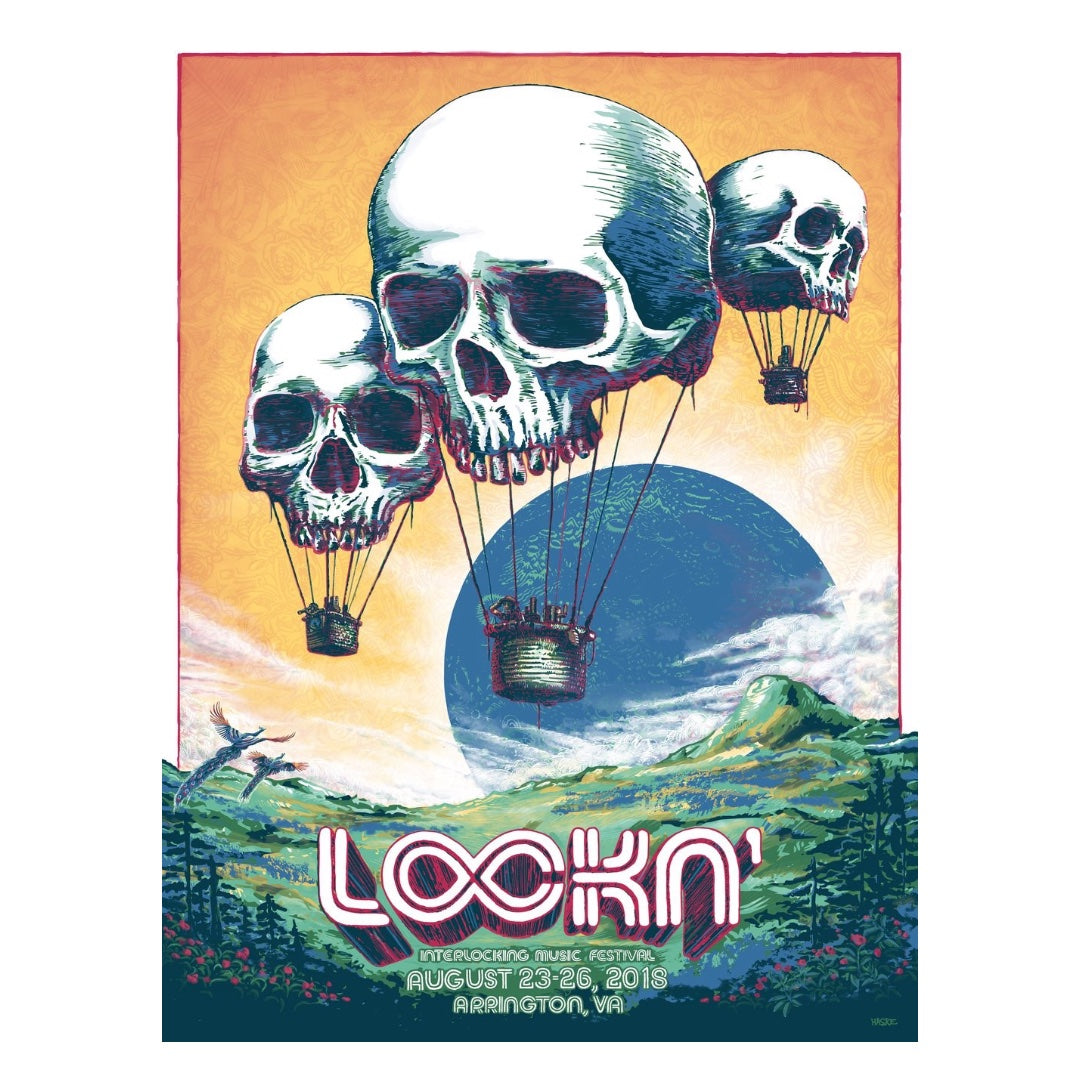 LOCKN’ 2018 poster featuring colorful psychedelic artwork with artist lineup and festival dates prominently displayed