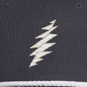 Close-up of the design on the Grateful Dead Embroidered White Bolt Cord Rope Cap - Navy