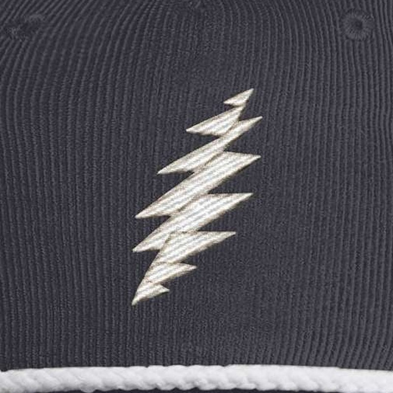 Close-up of the design on the Grateful Dead Embroidered White Bolt Cord Rope Cap - Navy