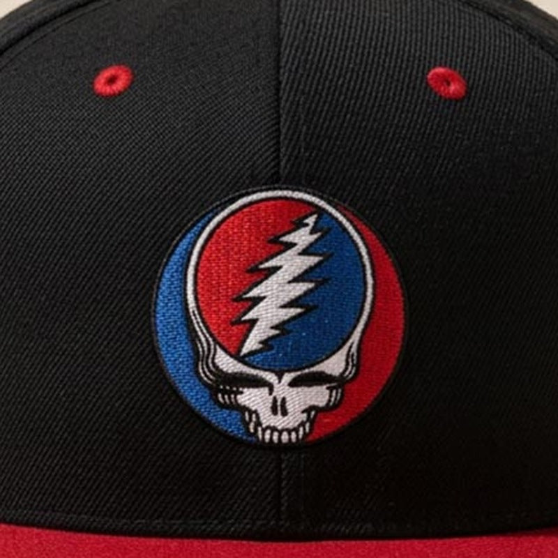 Close-up of the design on the Grateful Dead Embroidered Stealie Snapback Hat - Black/Red