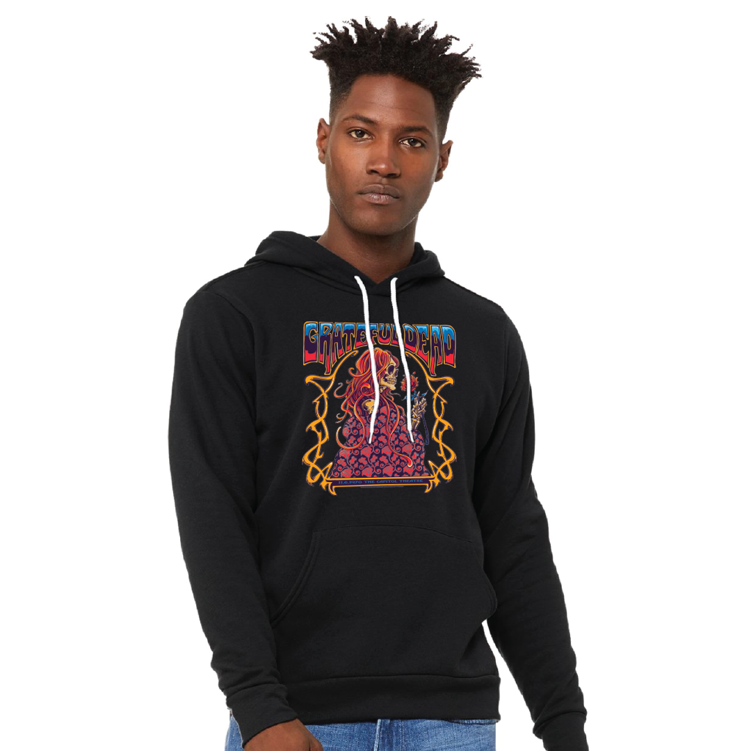 Model wearing Grateful Dead 11/6/1970 hoodie by ZazzCorp, front view