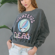 Model wearing Grateful Dead Stealie Bears sweatshirt, front view