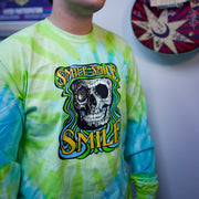 Side view of model wearing Smile Smile Smile throwback long sleeve tie-dye t-shirt