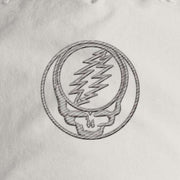 Close-up of the design on the Grateful Dead Embroidered Stealie Surf Rope Cap - Off-White
