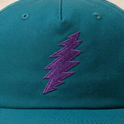 Close-up of the design on the Grateful Dead Embroidered Purple Bolt Surf Hat - Teal