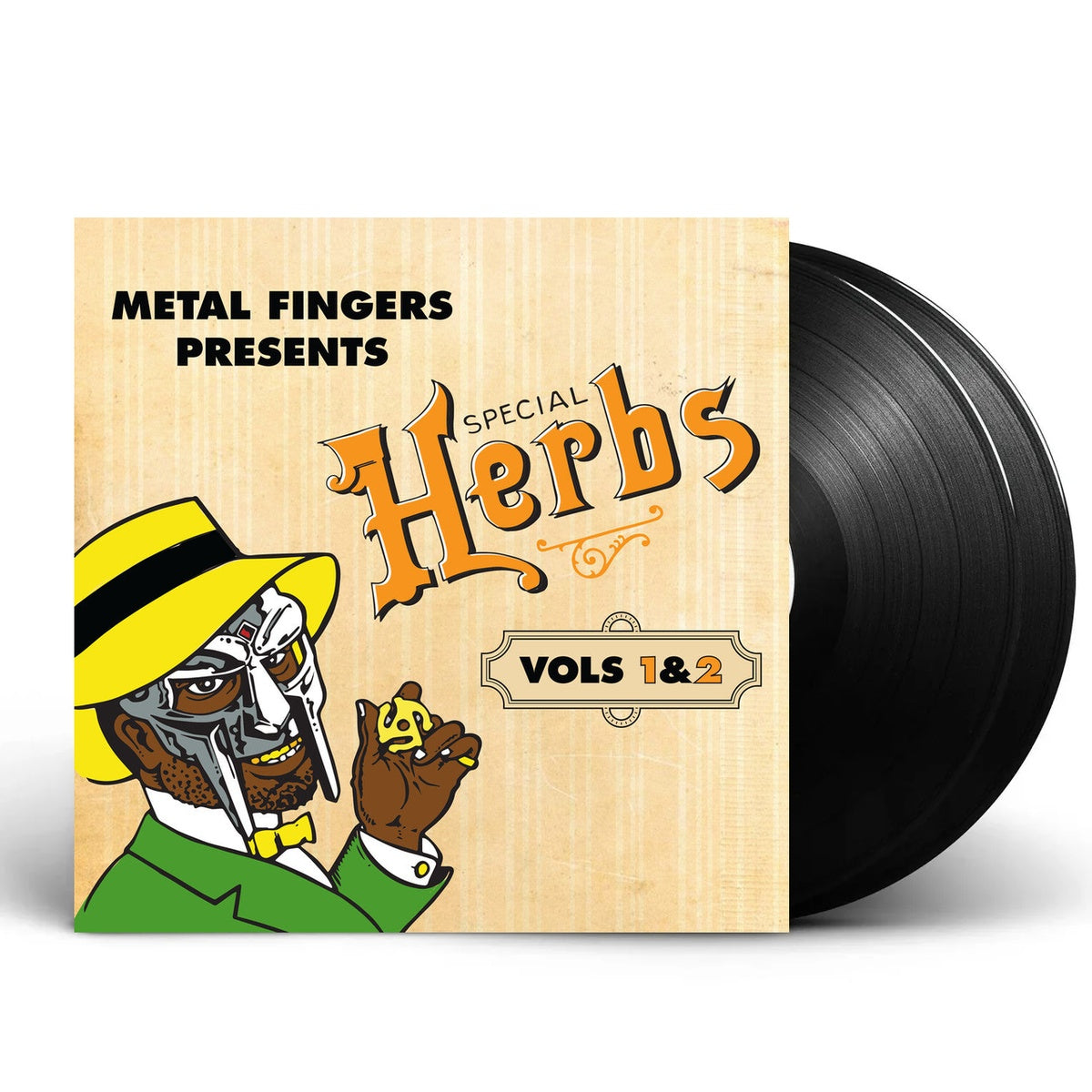 Packshot: MF DOOM – Metal Fingers Presents: Special Herbs Vol. 1 & 2 (Mustard Yellow LP Vinyl) Vinyl LP | Relix