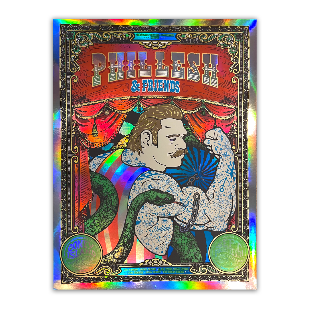 Phil Lesh & Friends Coney Island 2016 foil poster featuring vibrant psychedelic artwork with foil accents