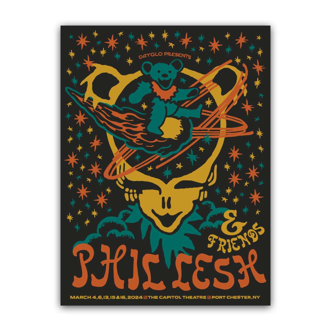 Phil Lesh & Friends poster by Darryl Norsen for March 2024 featuring vibrant psychedelic artwork with nature and cosmic motifs