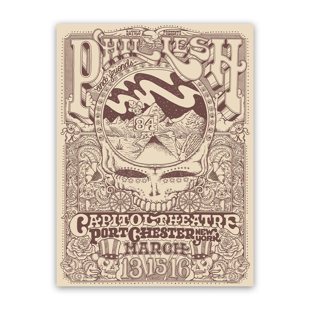 Phil Lesh & Friends poster by Taylor Rushing for March 2024 featuring colorful psychedelic artwork with musical and cosmic elements