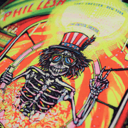 Close-up showing detailed velvet texture and colorful illustration on Phil Lesh & Friends October 2022 velvet poster by Half Hazard Press