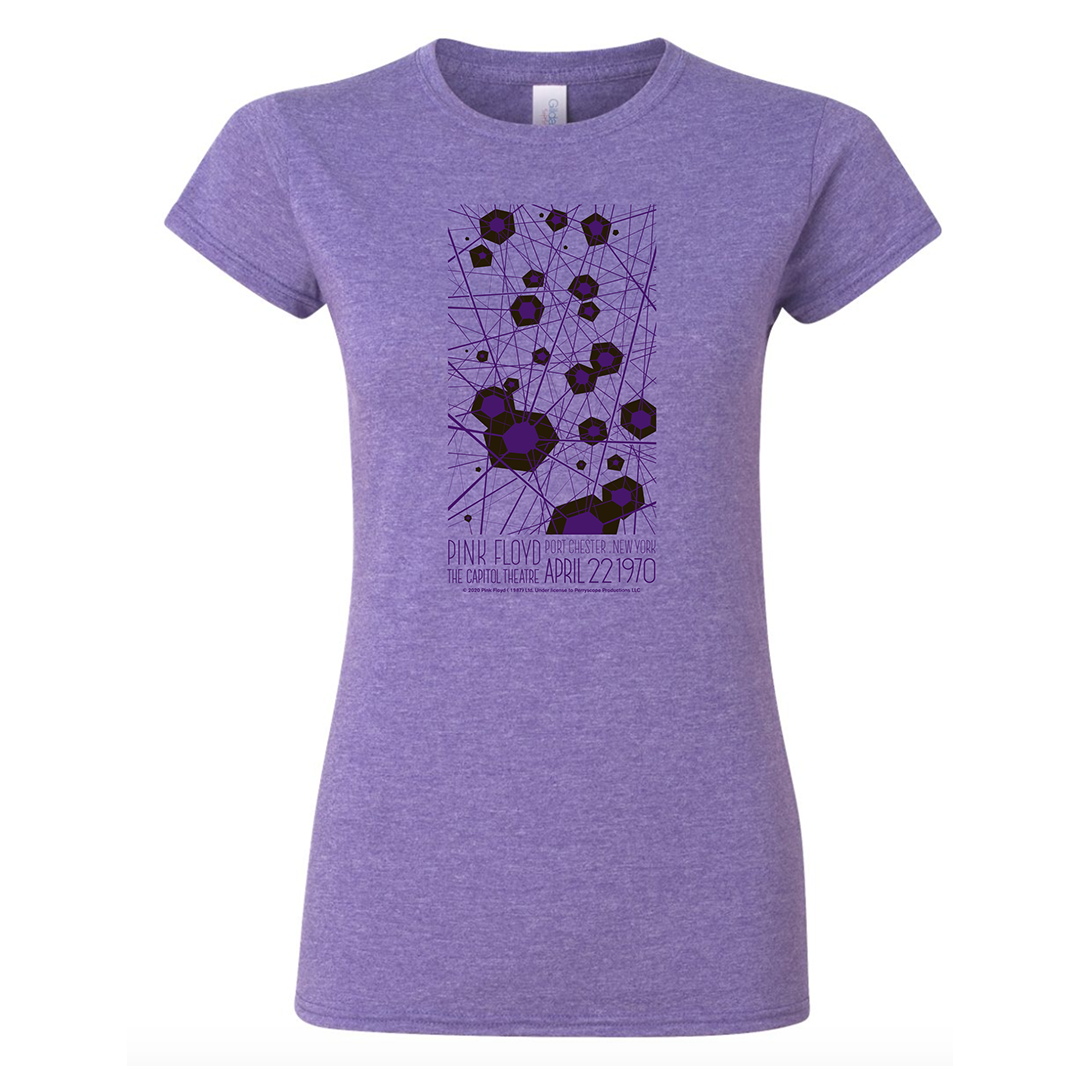 Pink Floyd throwback purple women’s event t-shirt front view featuring 4/22/1970 Capitol Theatre concert graphic