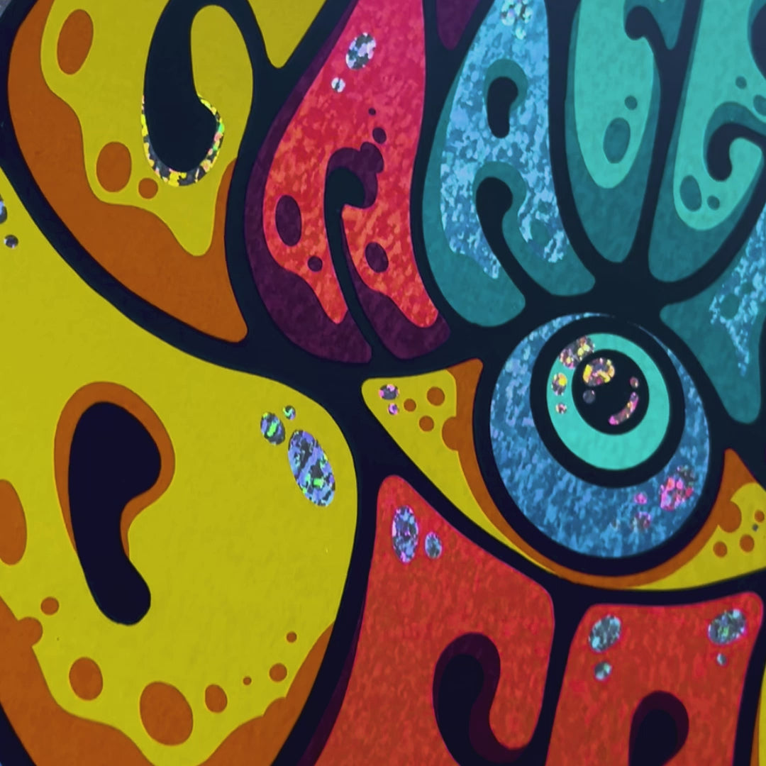 Close-up of shimmering speckled foil highlights and intricate illustrations on Grateful Dead 11/7/1970 speckle foil poster by Drew Millward