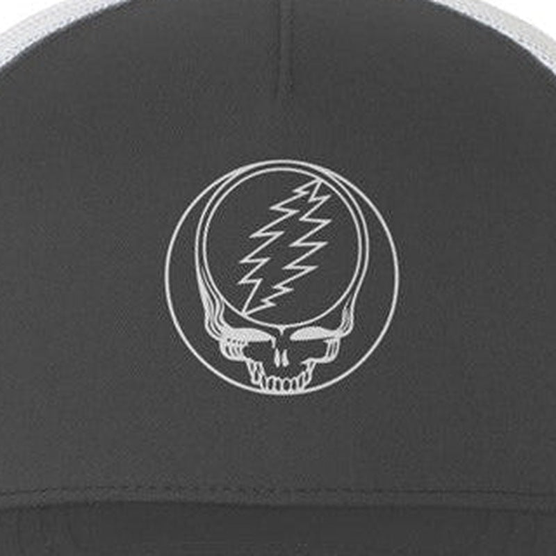 Close-up of the design on the Grateful Dead Embroidered Keyline Stealie Trucker Hat - Charcoal / White Mesh