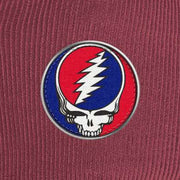 Close-up of the design on the Grateful Dead Embroidered Stealie Cord Rope Cap - Cardinal