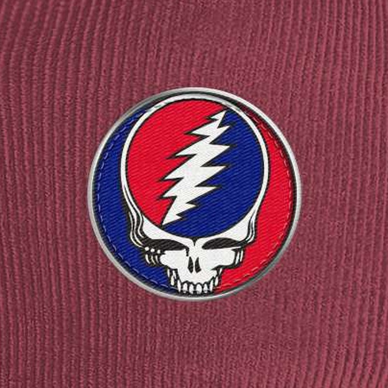 Close-up of the design on the Grateful Dead Embroidered Stealie Cord Rope Cap - Cardinal