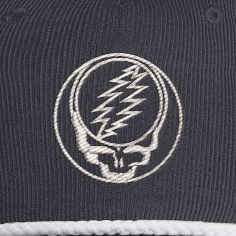Close-up of the design on the Grateful Dead Embroidered Stealie Cord Rope Cap - Navy