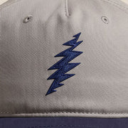 Close-up of the design on the Grateful Dead Embroidered Navy Bolt Two-Tone Hat - Grey/Navy