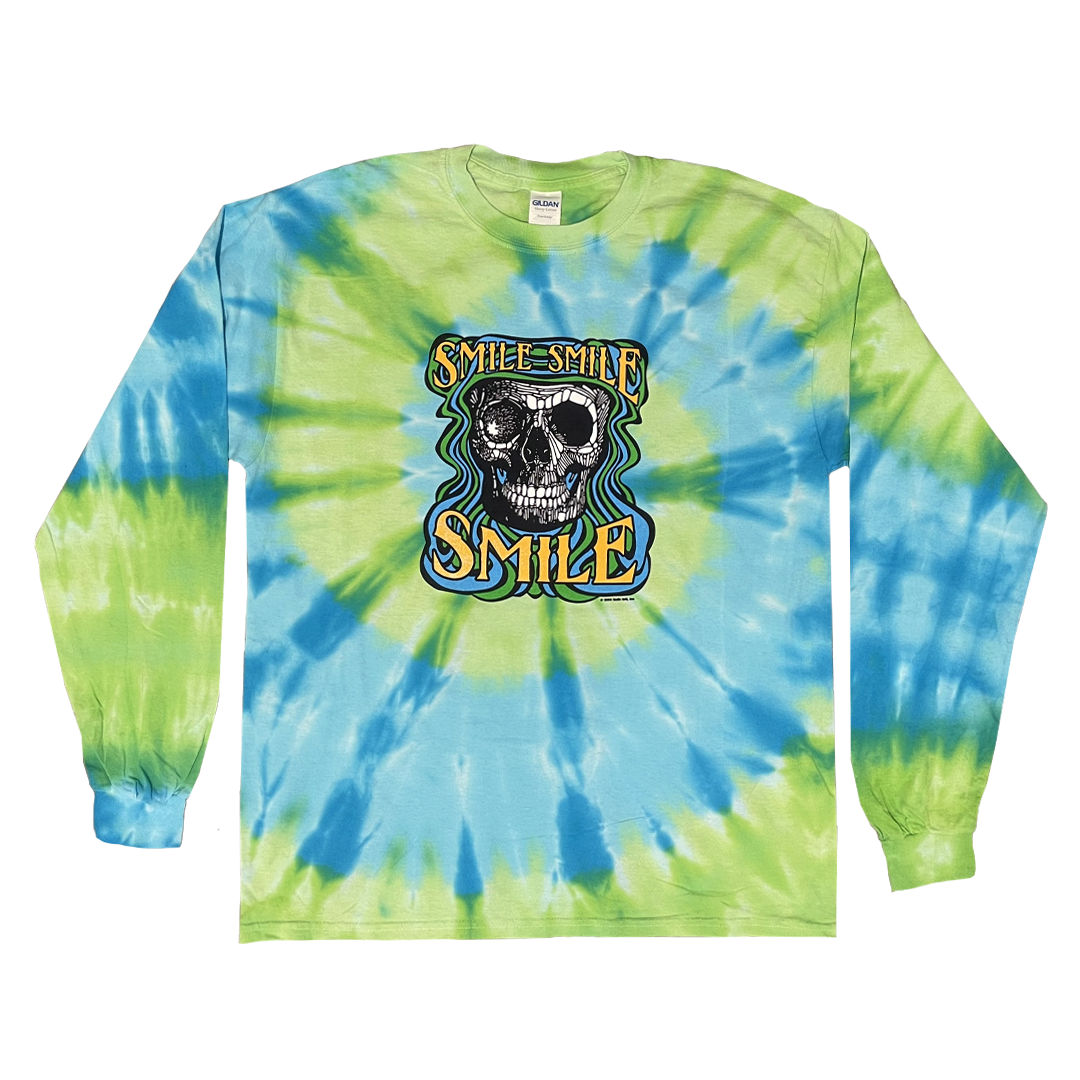 Smile Smile Smile throwback long sleeve tie-dye t-shirt front view with colorful vintage-style graphic