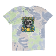 Smile Smile Smile throwback tie-dye t-shirt front view with colorful smiley face graphic