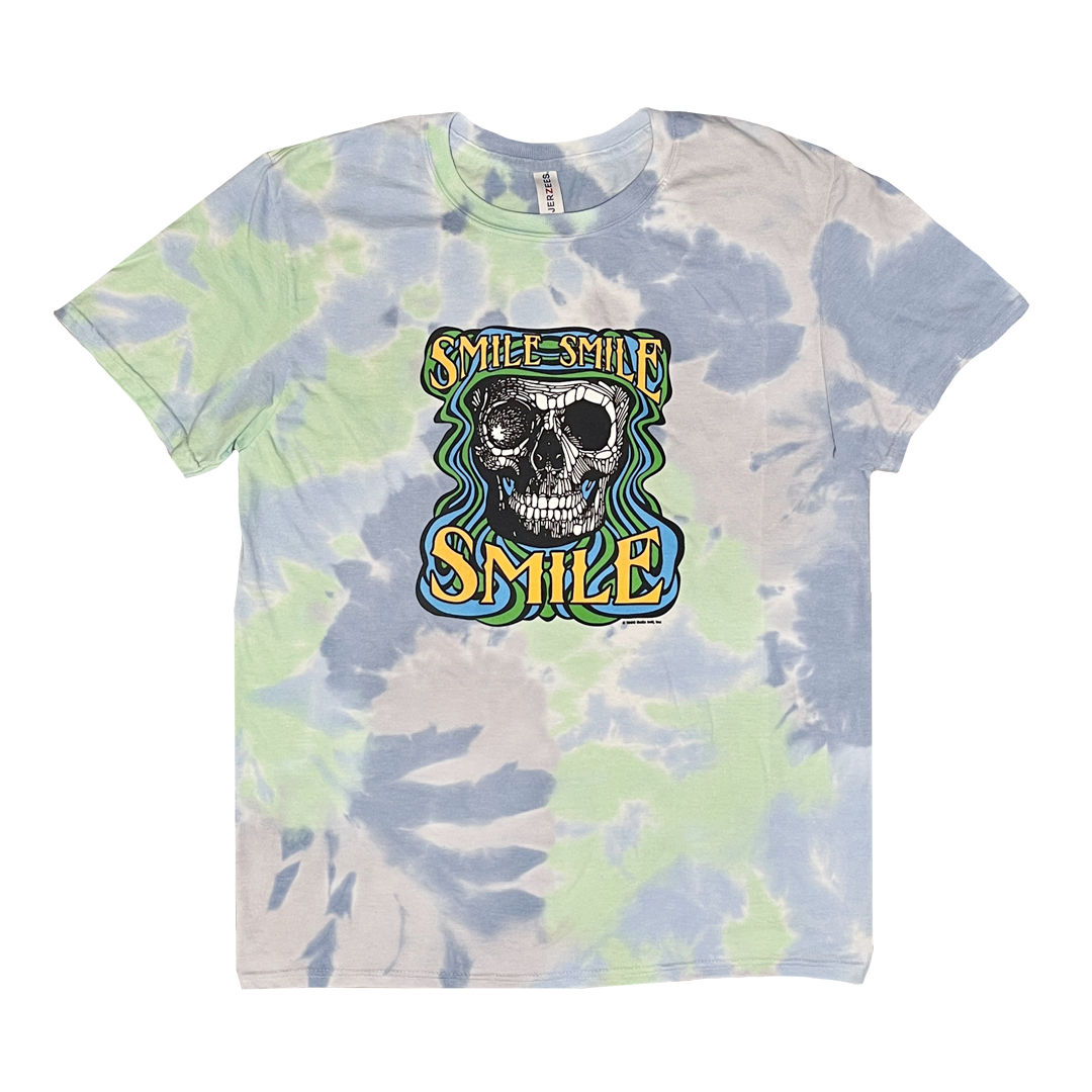 Smile Smile Smile throwback tie-dye t-shirt front view with colorful smiley face graphic